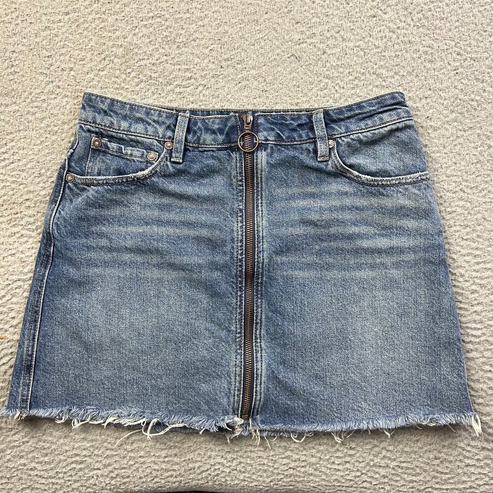 We The Free People Womens Zip It Up Denim Jean Mini Skirt Frayed Raw Blue 28
